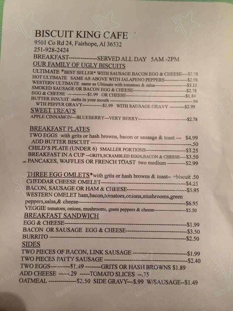 Menu at Biscuit King's Cafe, Fairhope, Co Rd 24