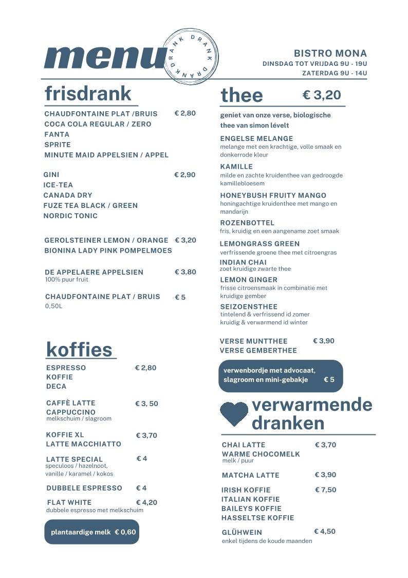 Menu de Bistro Mona Putte