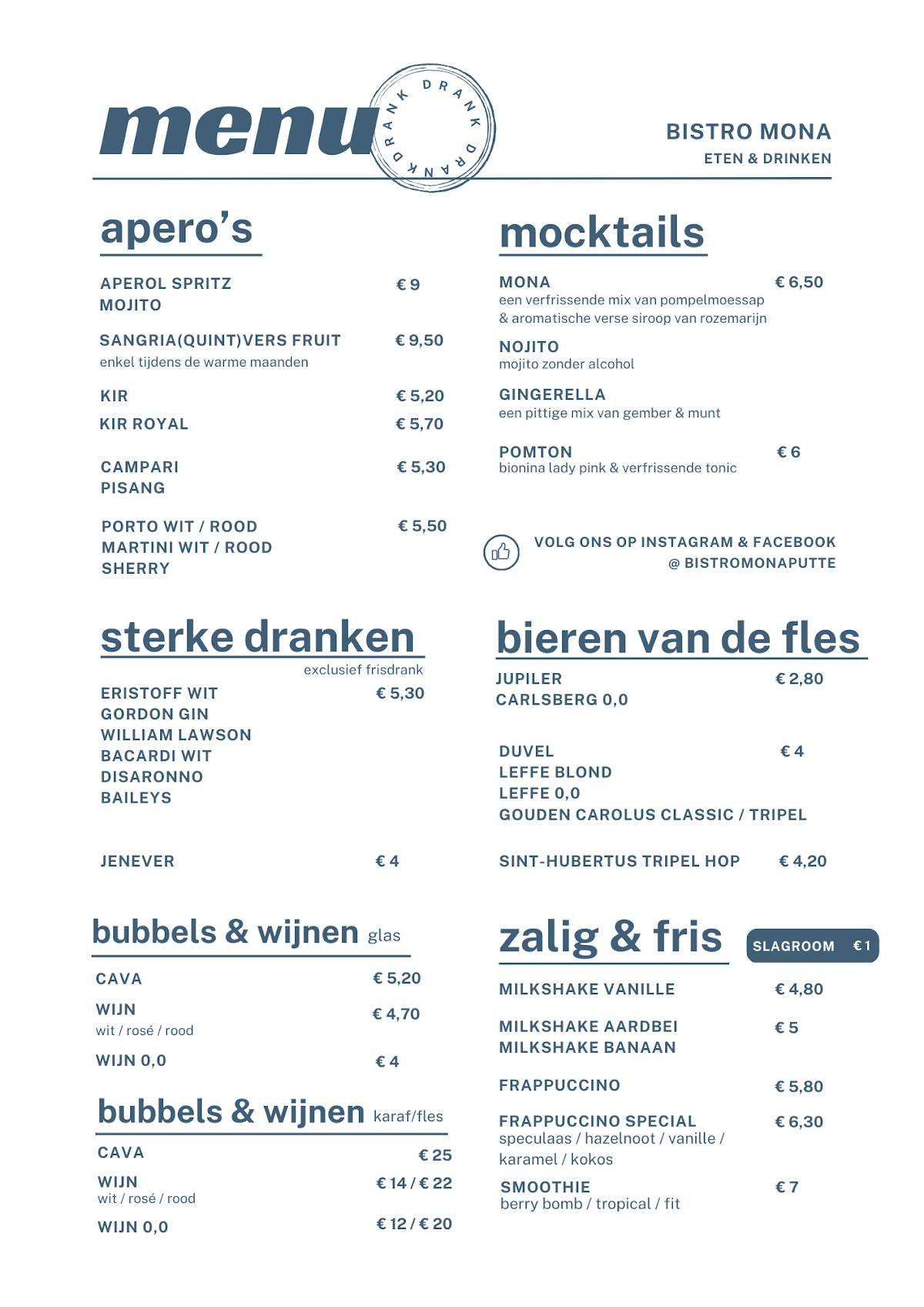 Menu de Bistro Mona Putte