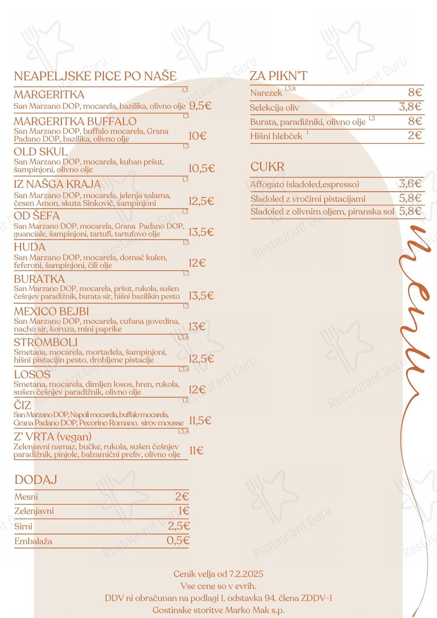 Menu di Picerija Pajca