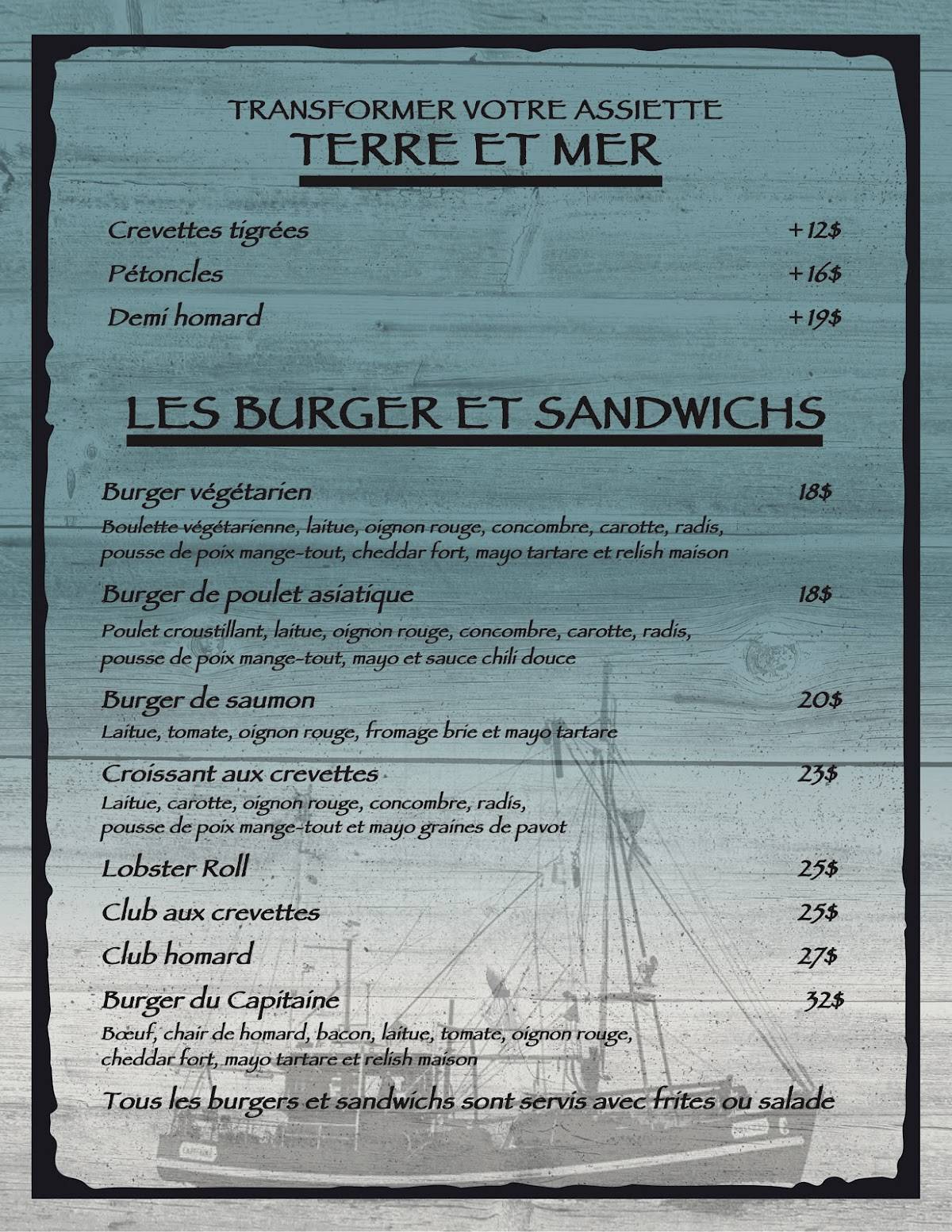 Menu au Bistro du Capitaine restaurant, Matane