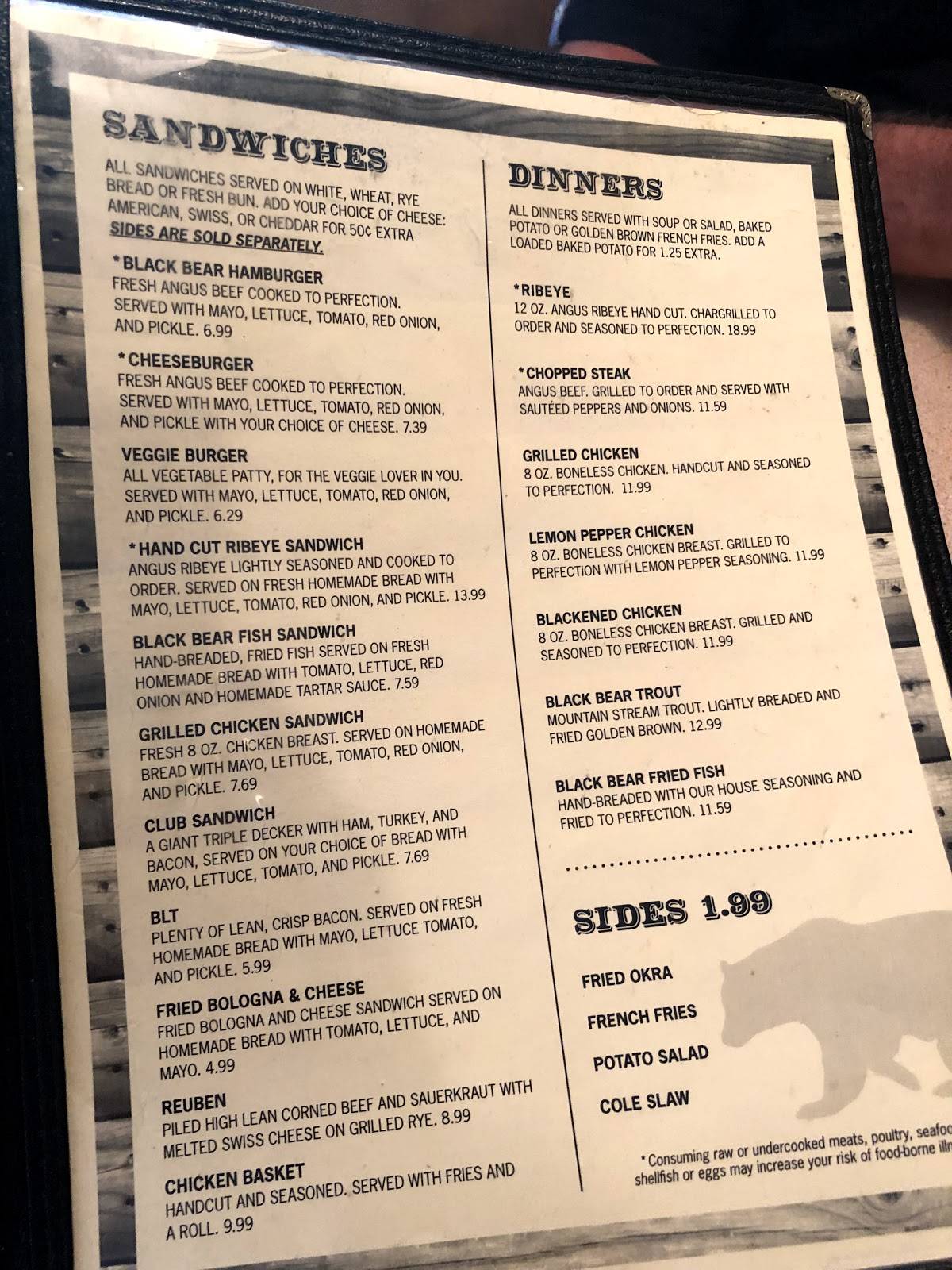 Menu at Black Bear Cafe, Townsend, E Lamar Alexander Pkwy