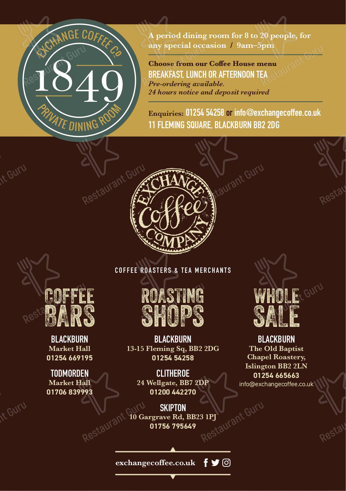 Menu at Exchange Coffee Co cafe, Blackburn