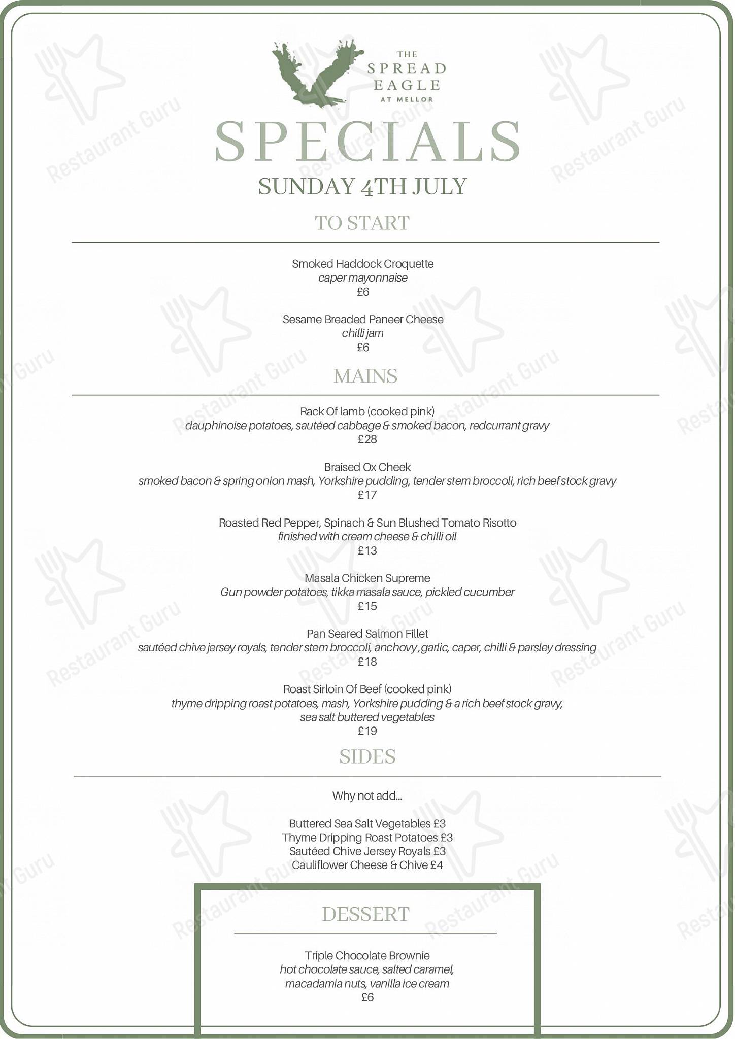 Menu at Spread Eagle Blackburn pub & bar, Mellor, Mellor Ln