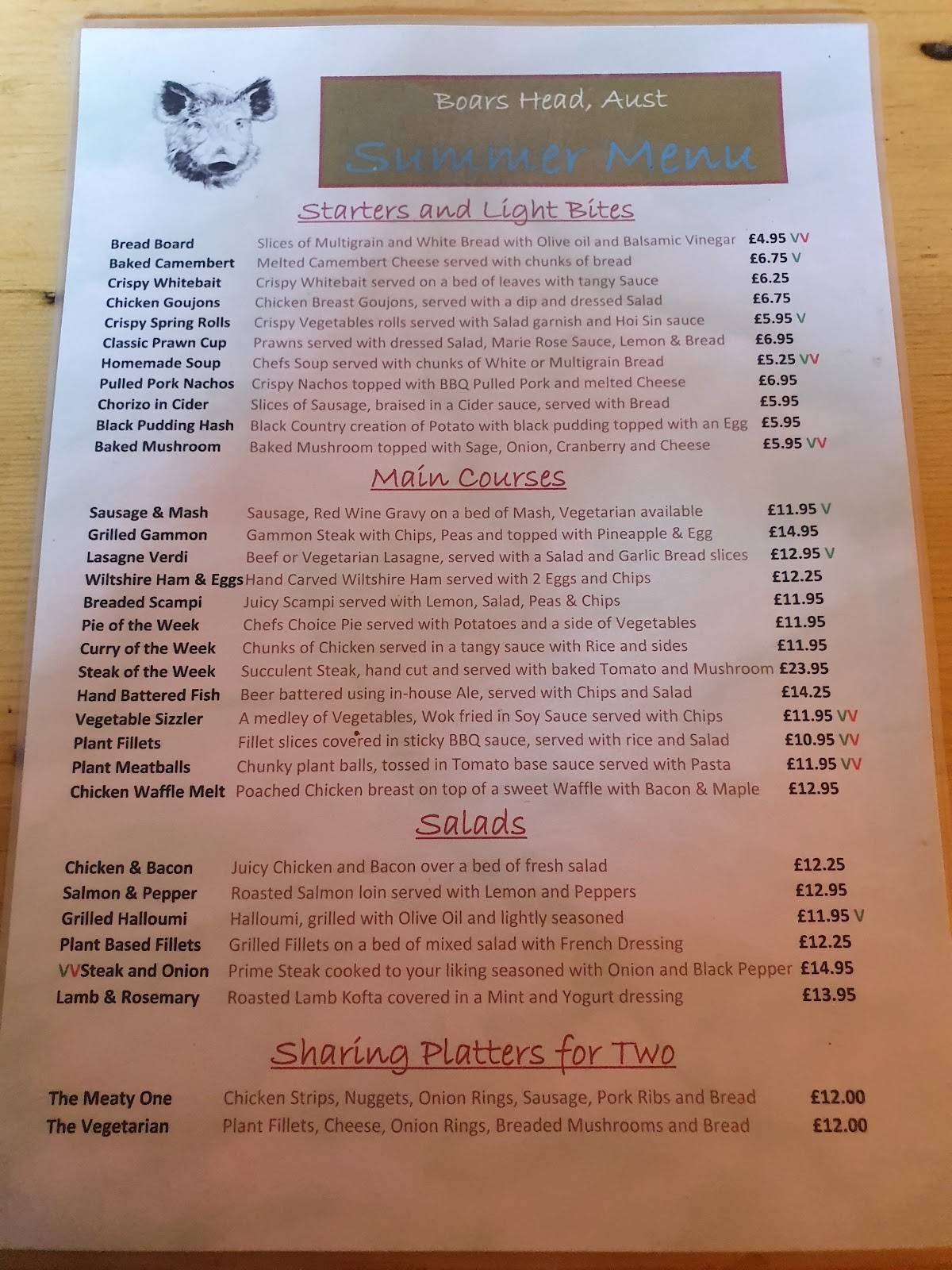 Menu at Boar's Head, Aust pub & bar, Bristol, Main Road