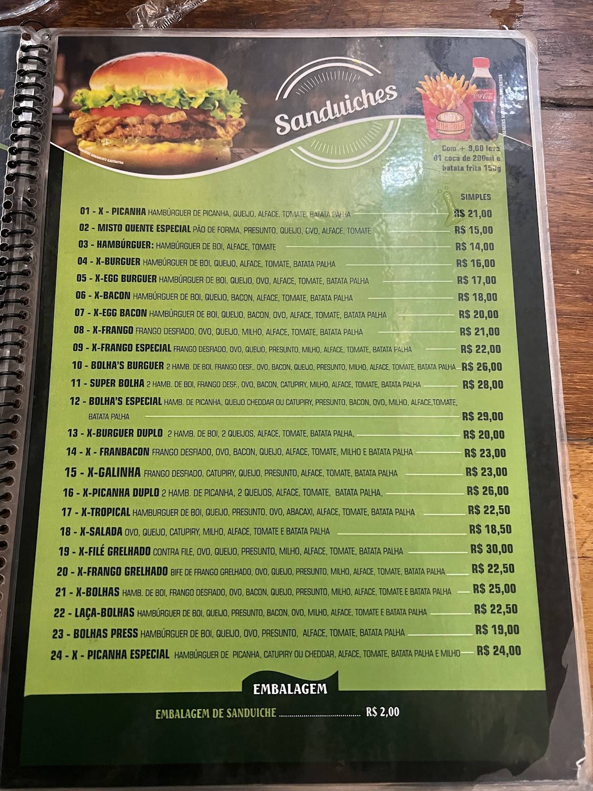 Bolhas burguer cardápio