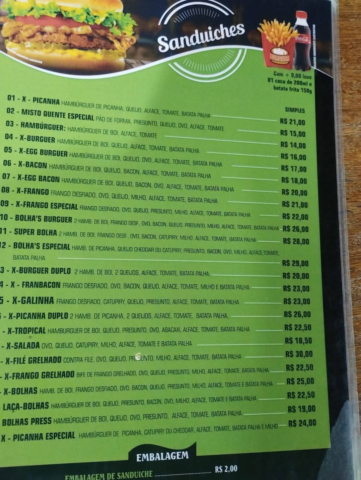 Bolhas burguer cardápio