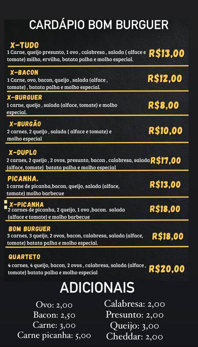 Bom Burguer Oficial cardápio