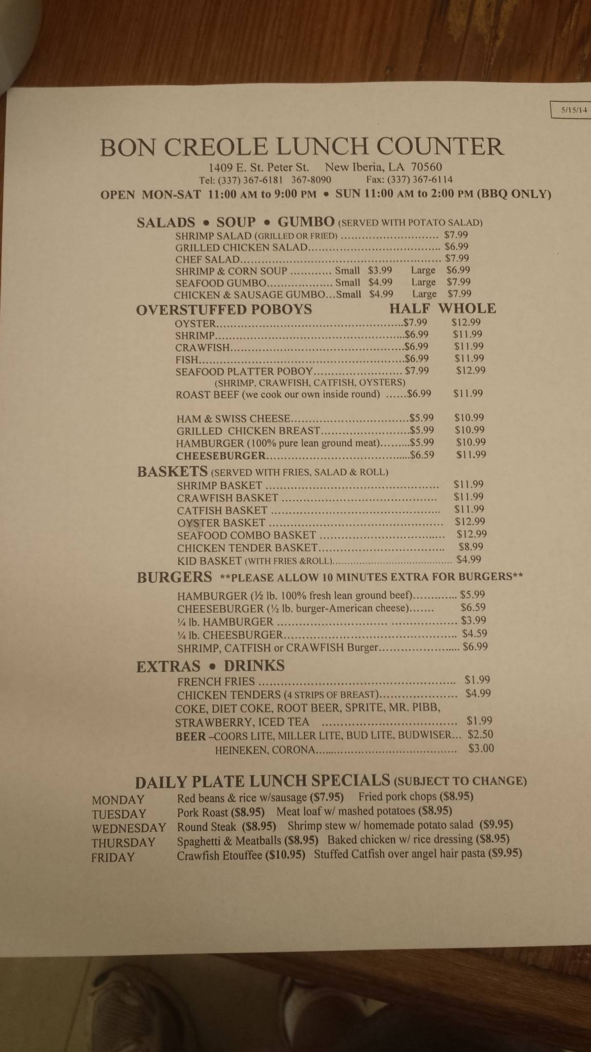 Menu at Bon Creole restaurant, New Iberia