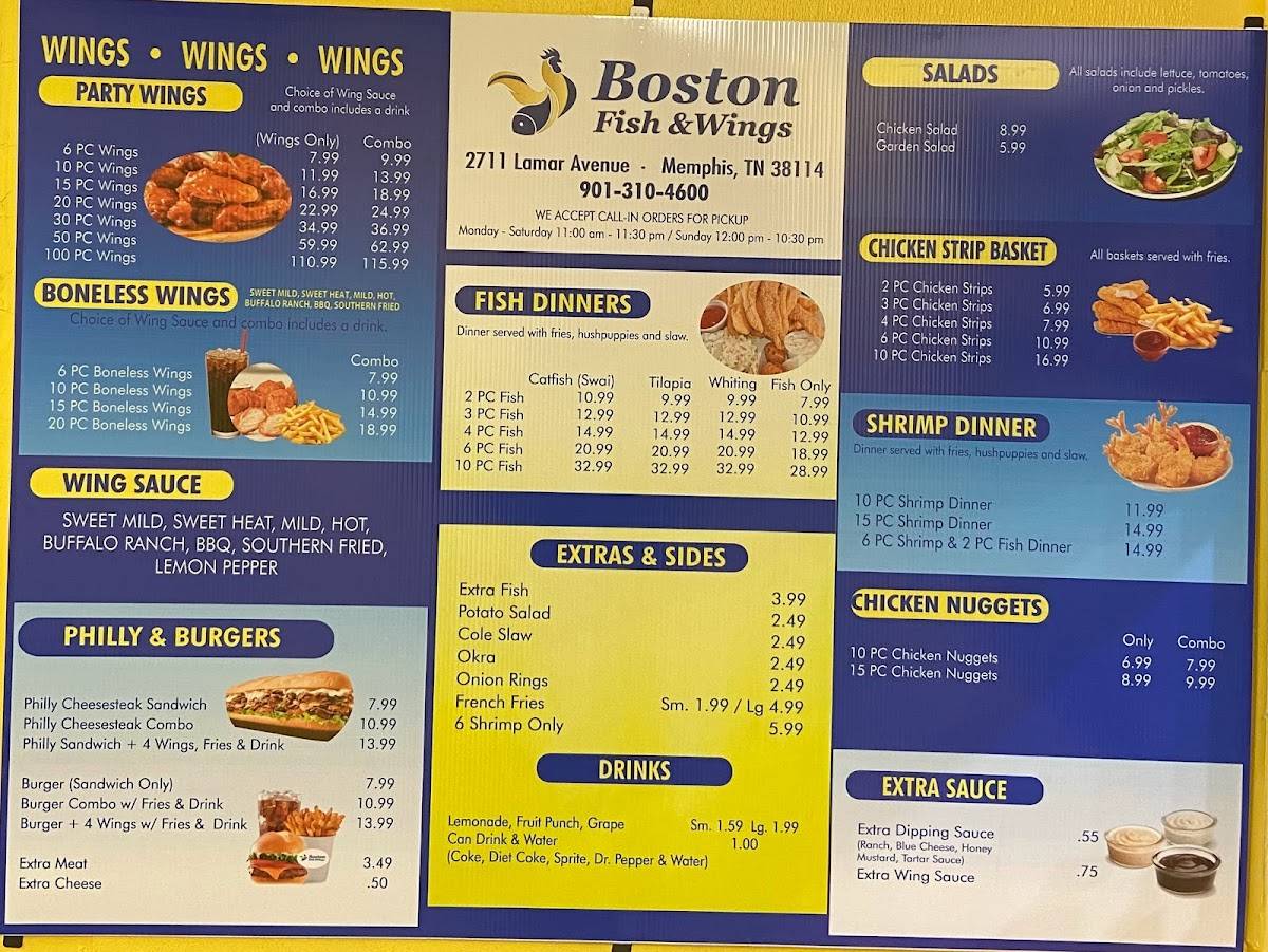 Menu at Boston fish & wings restaurant, Memphis