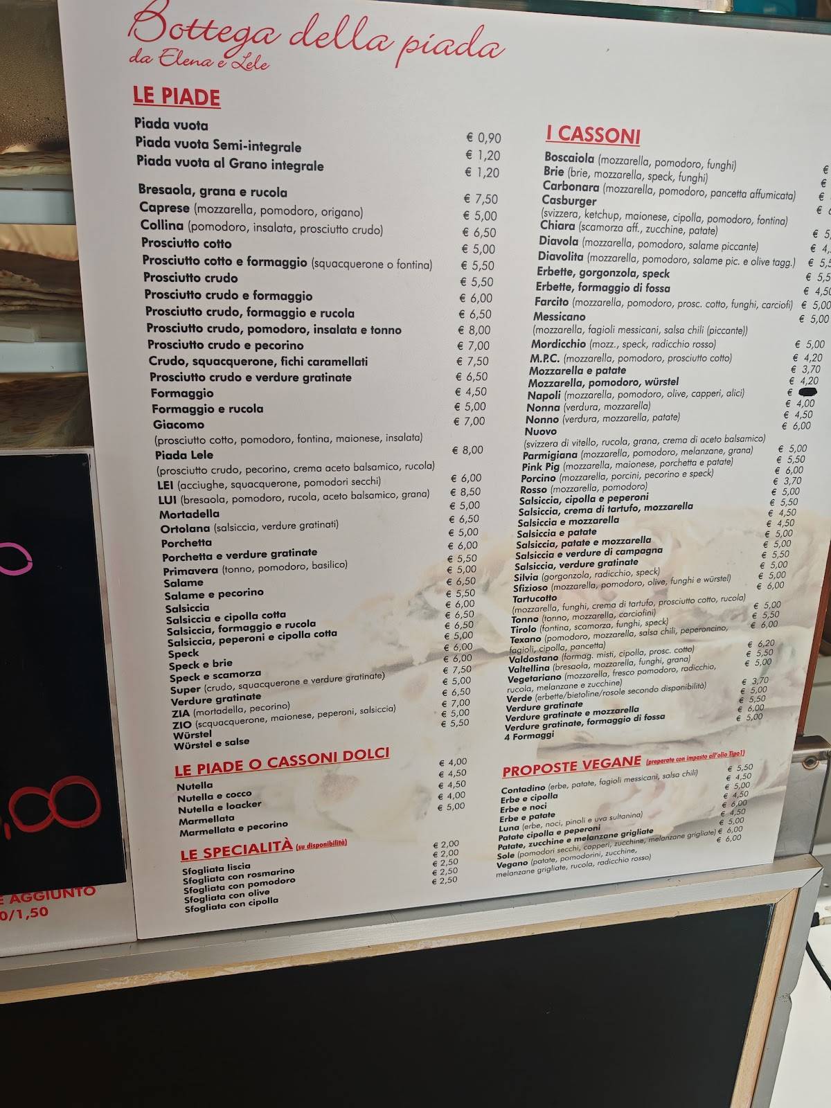 Menu di Bottega della Piada 