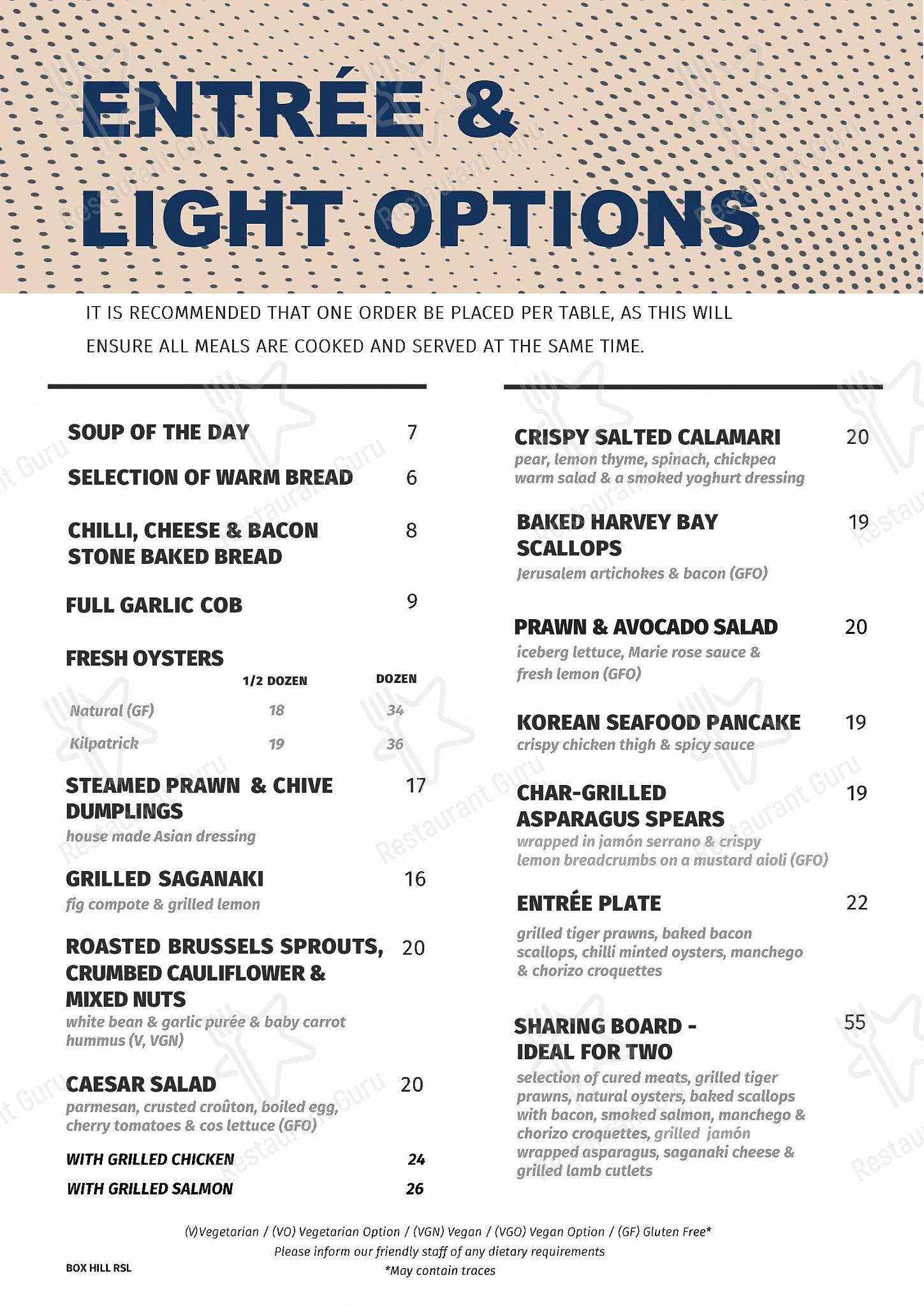 Menu at The Bistro restaurant, Box Hill