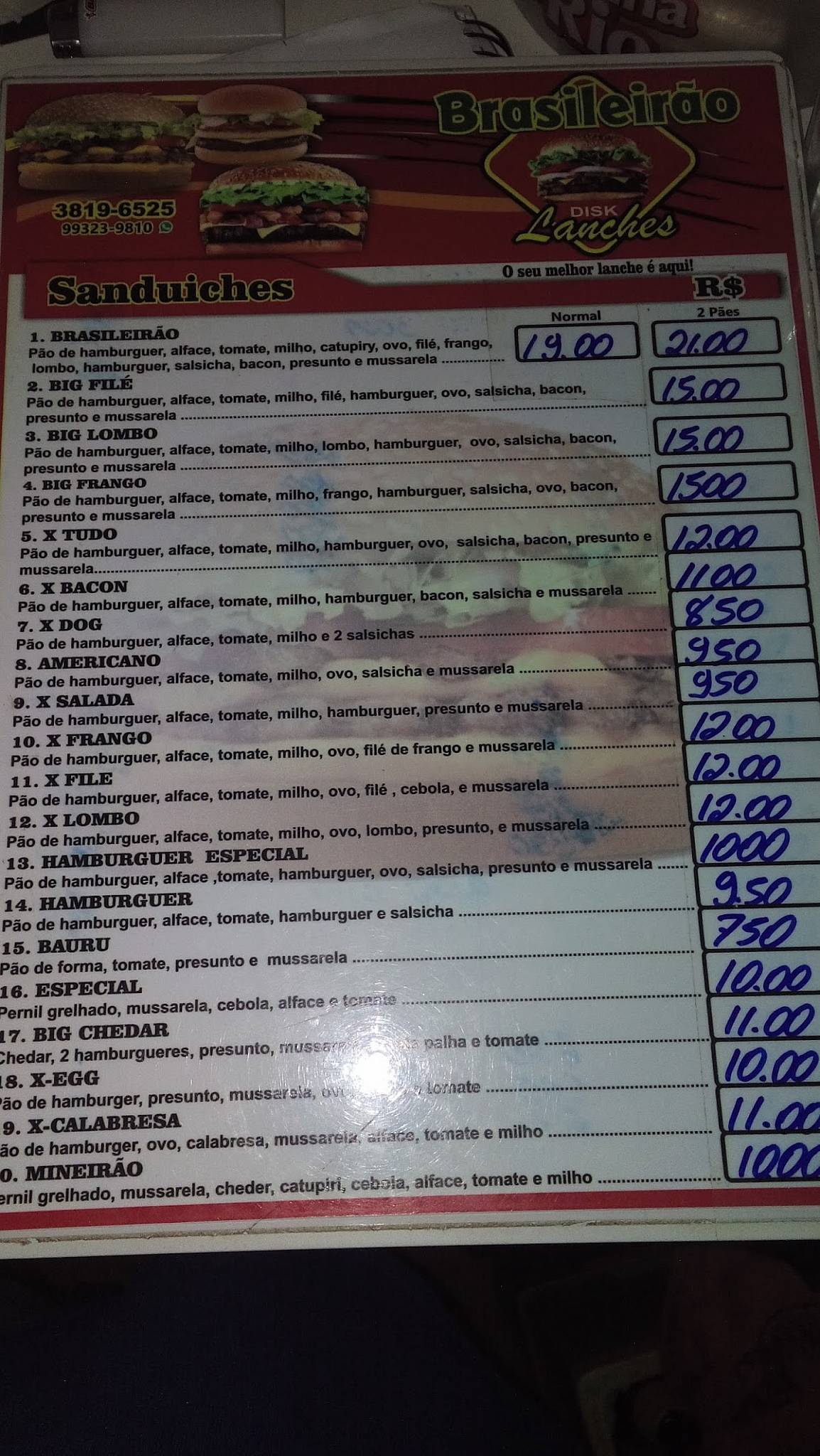 Brasileirão Lanches cardápio