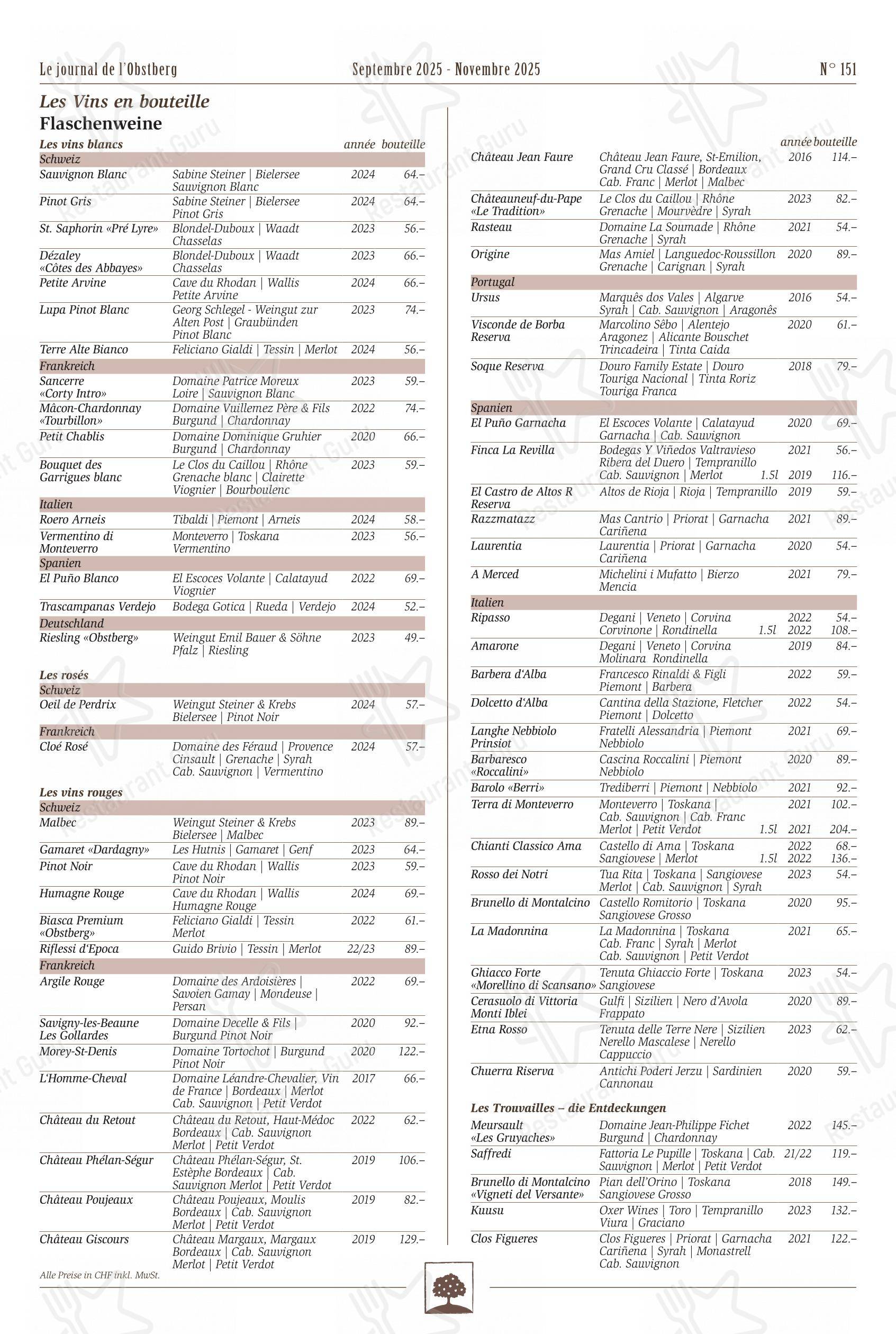 Brasserie Obstberg in Berna - 菜单