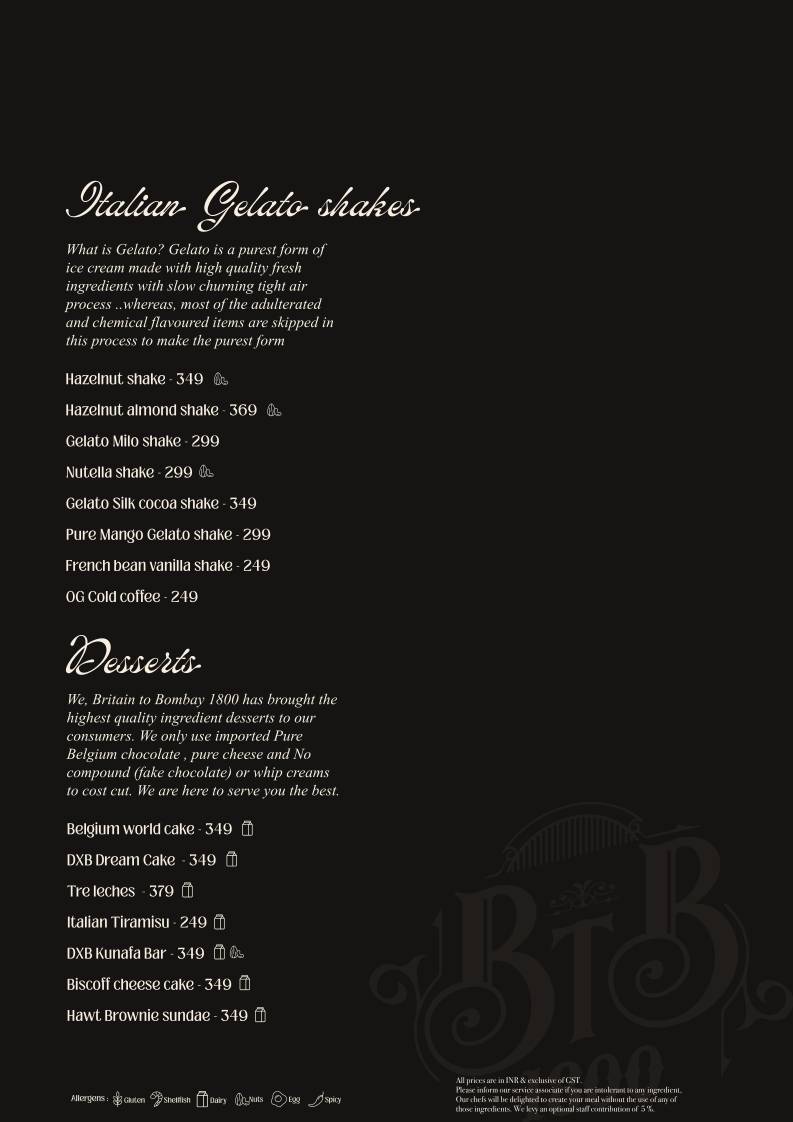 Britain To Bombay 1800 menu