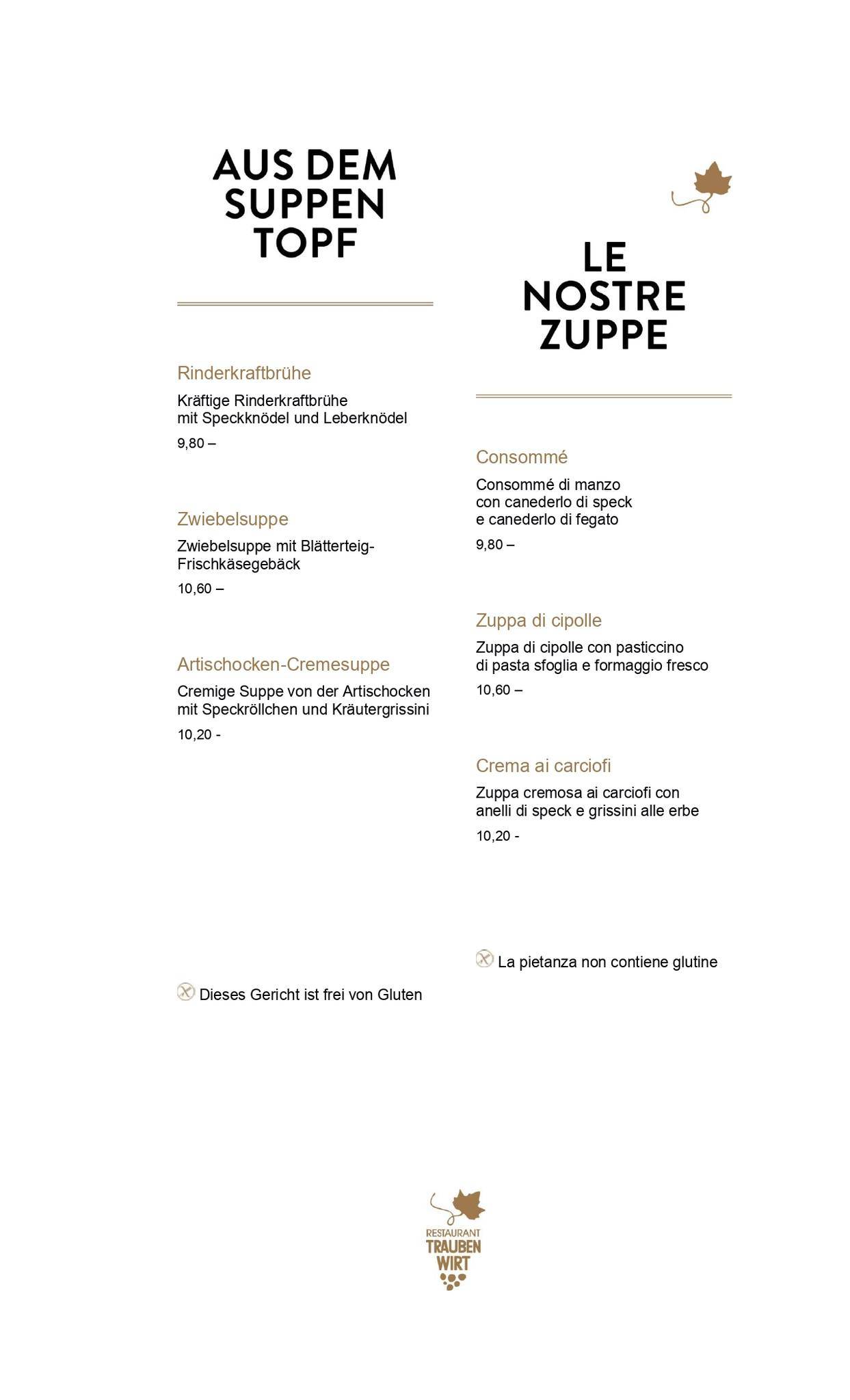 Menu di Ristorante In Die Traube Di Weissensteiner Roman & C. 
