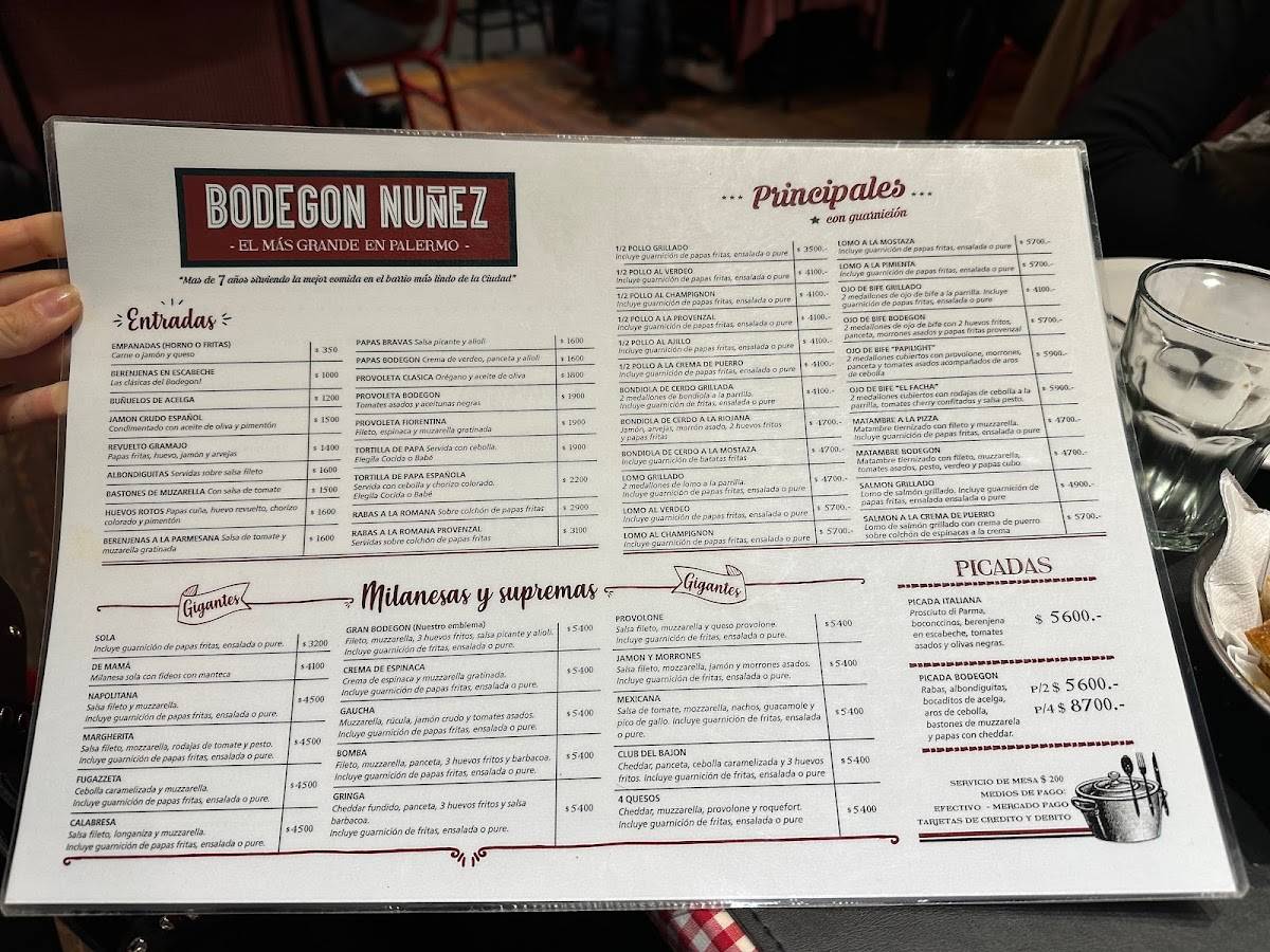 Carta del restaurante Bodegón Núñez en Palermo Buenos Aires