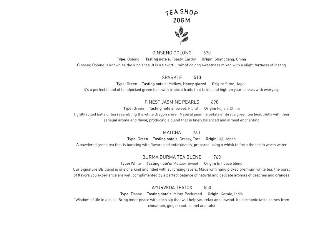 Burma Burma Restaurant & Tea Room menu