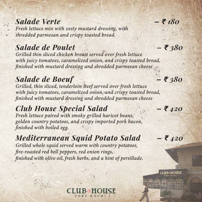 Club House Restaurant menu