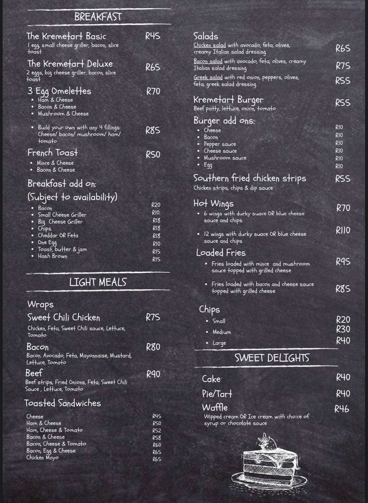 Menu at Cafè Kremetart, Roodeplaat, Cnr