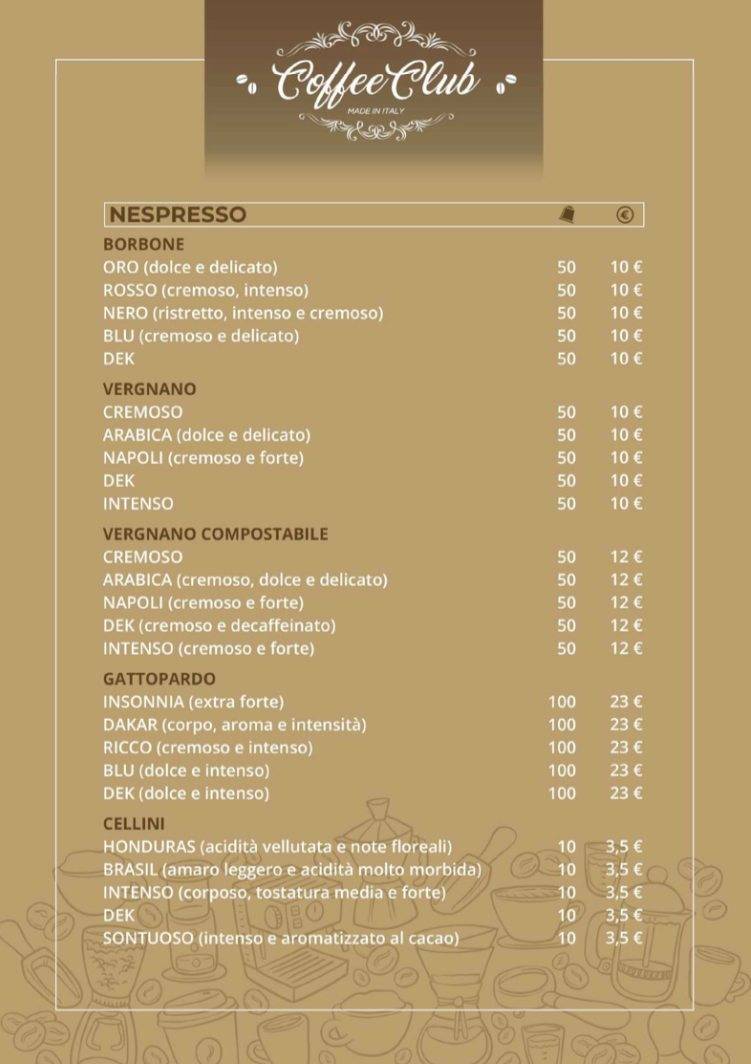 Menu di Coffee Club Capsule e Cialde 