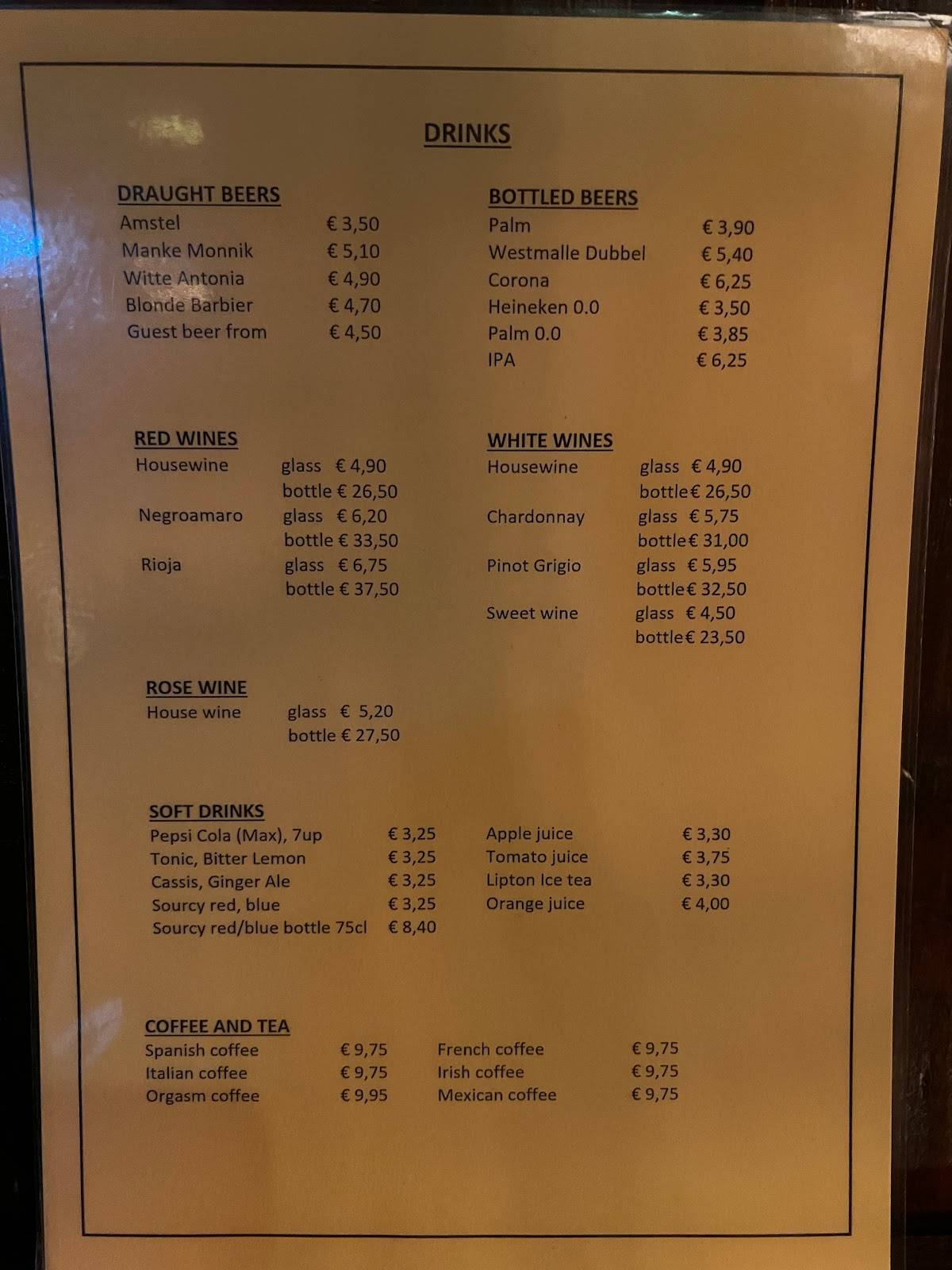 Menu at Cafe De Klos, Amsterdam