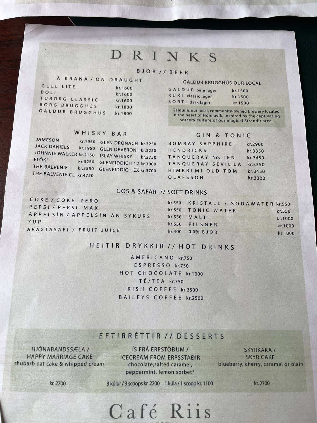 Menu de Café Riis Hólmavík