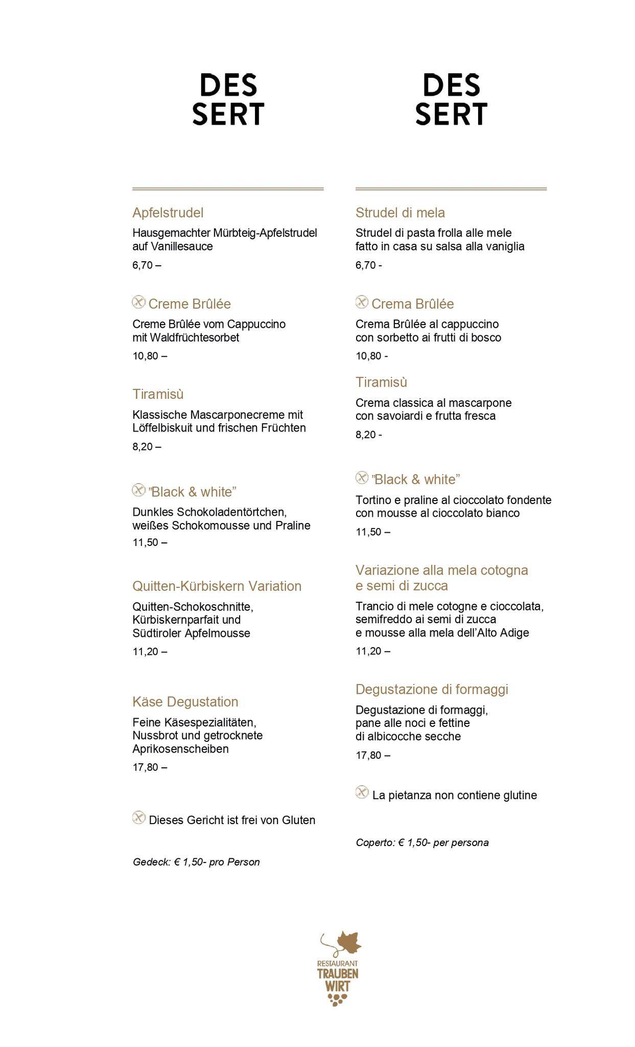 Menu di Ristorante In Die Traube Di Weissensteiner Roman & C. 