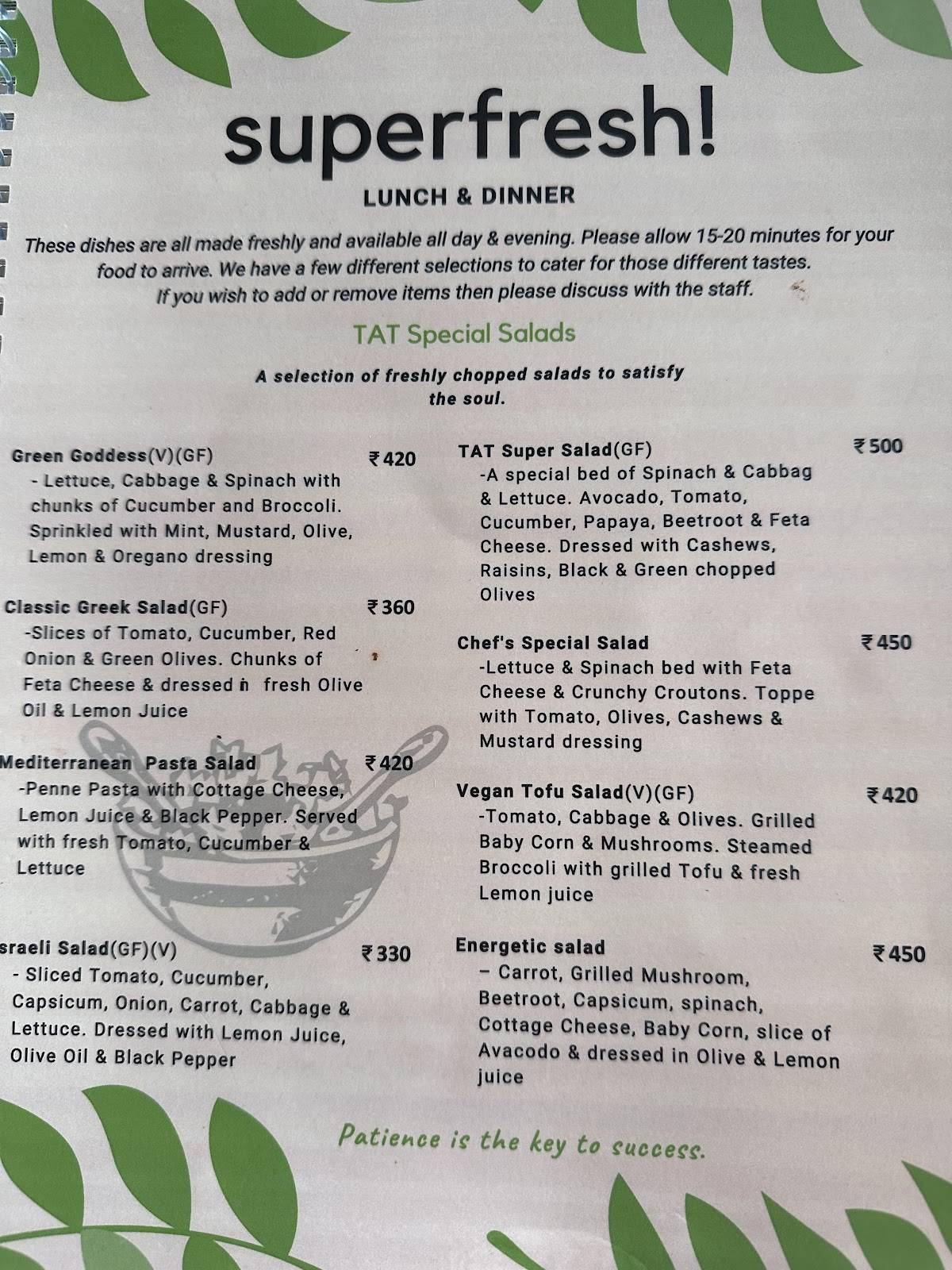 TAT Cafe menu