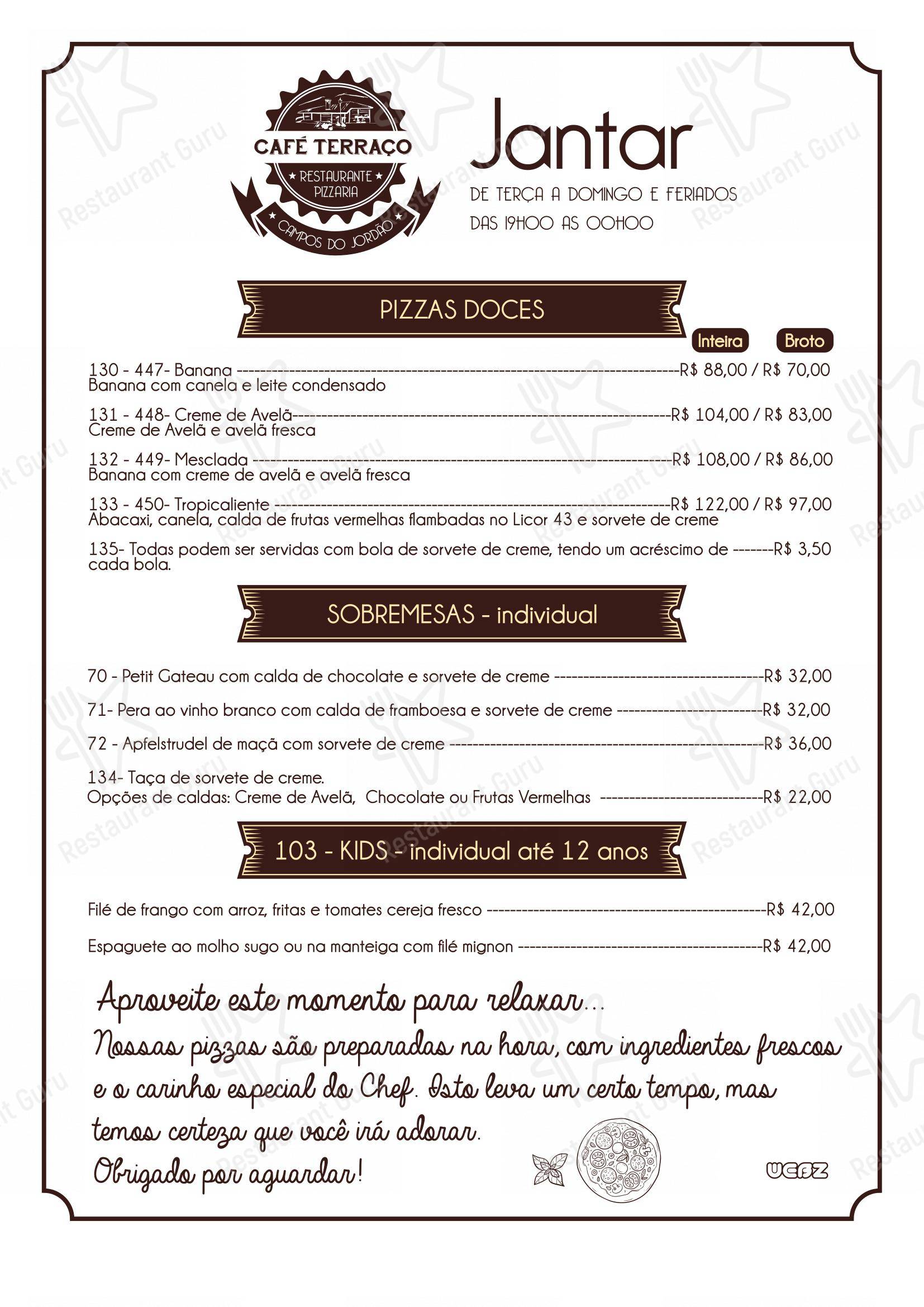 Menu bar para Café Terraço Pizzaria Artesanal e Bistrô pizzaria