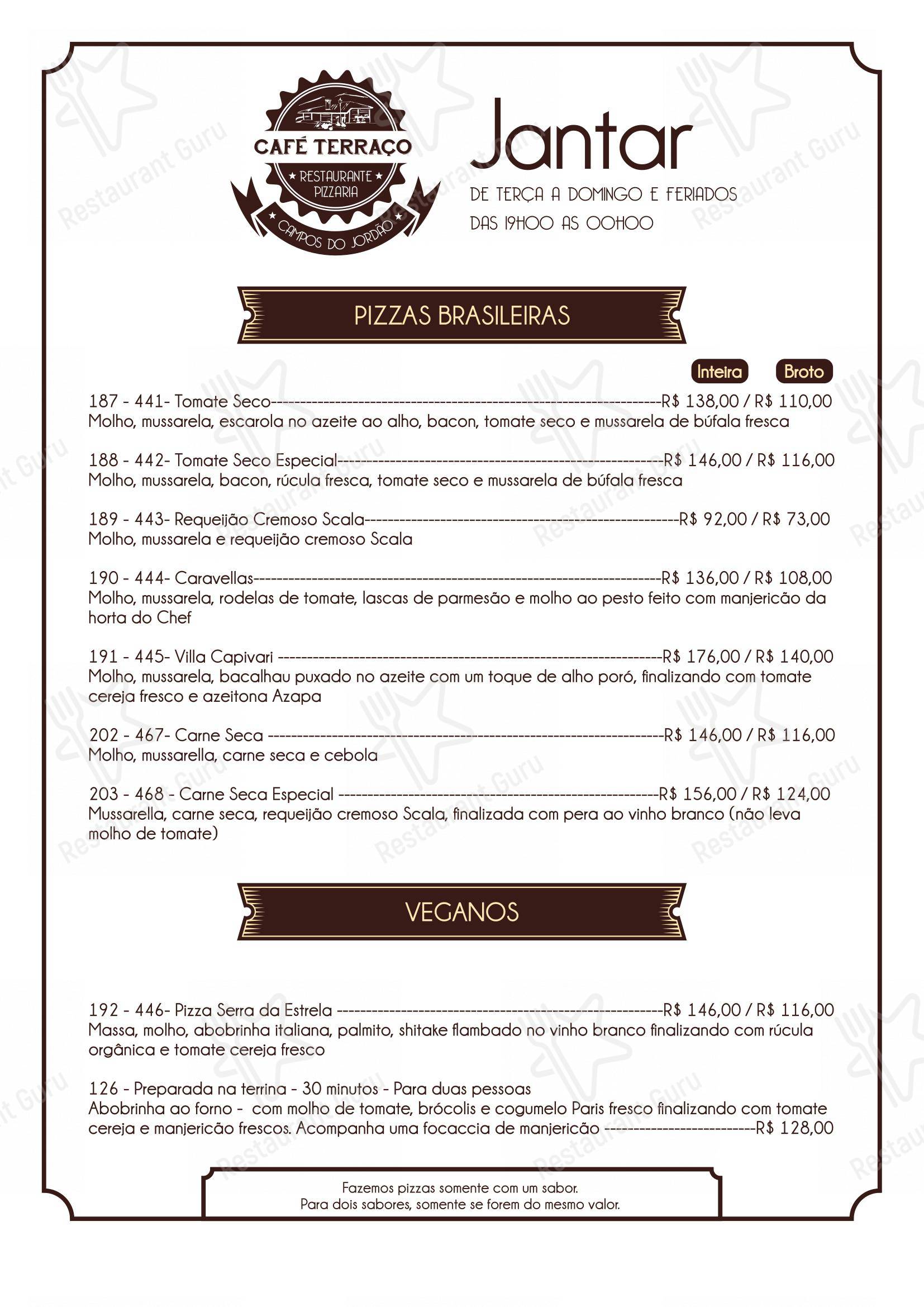 Menu bar para Café Terraço Pizzaria Artesanal e Bistrô pizzaria