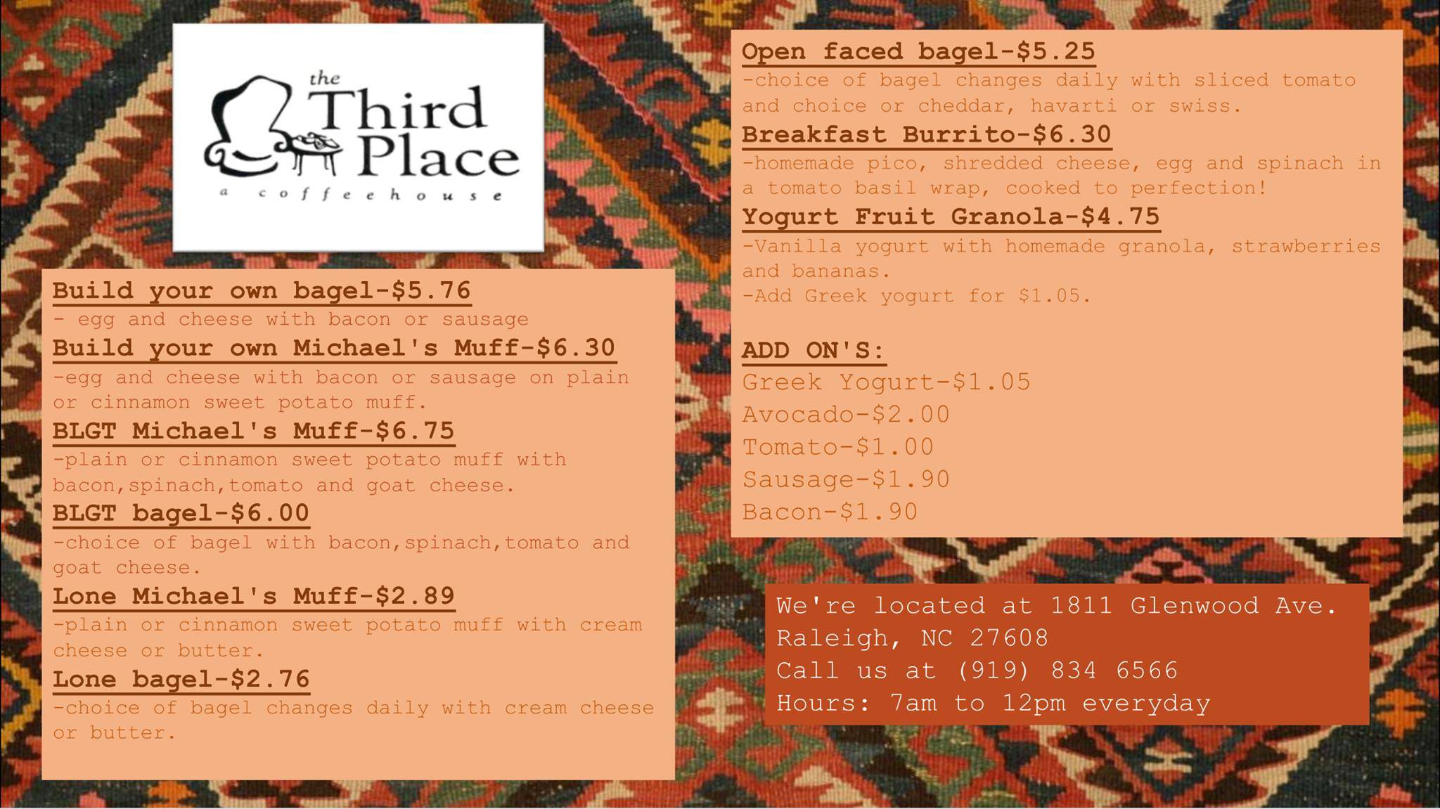 Menu at The Third Place Coffee Shop cafe, Raleigh