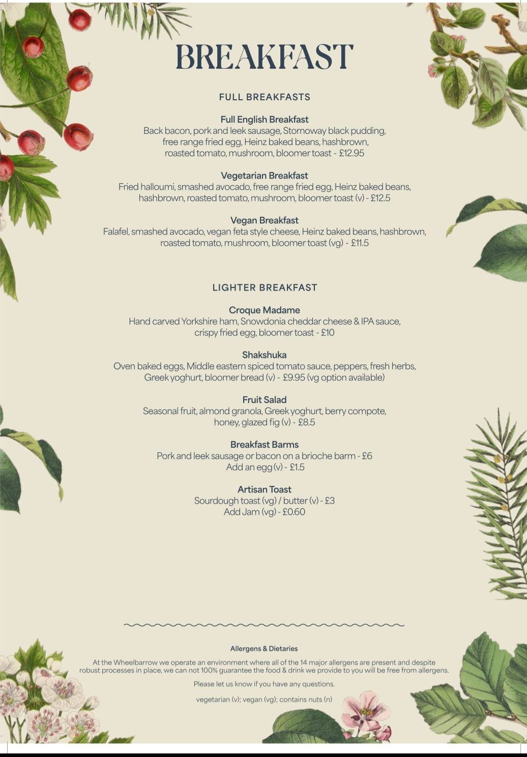 Menu at The Wheelbarrow, Liverpool, Greenbank Sports Academy