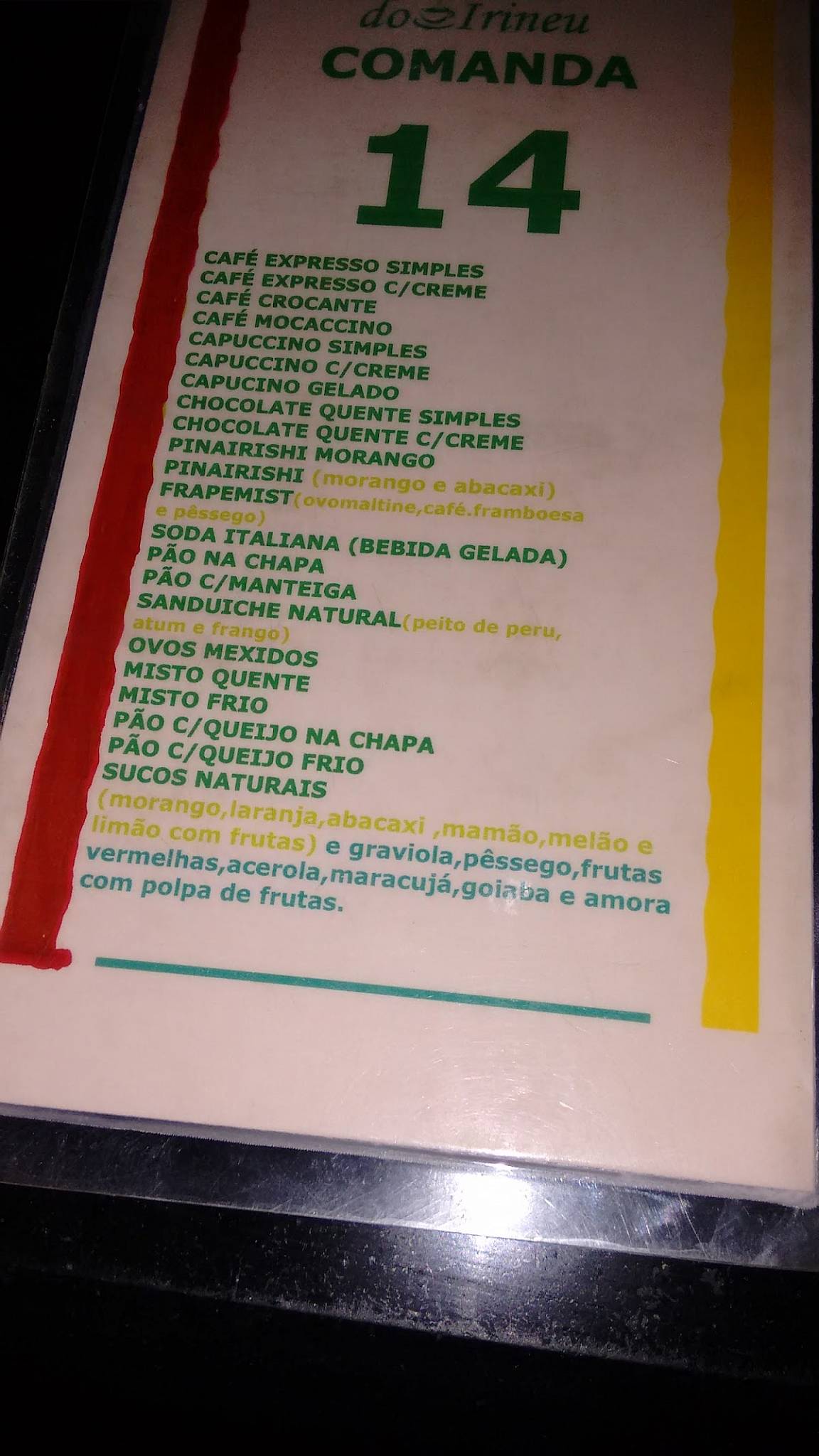 Cafeteria Do Irineu cardápio