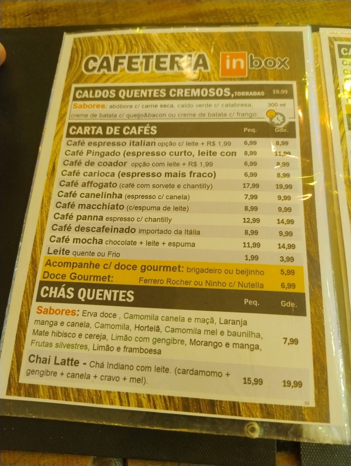 Cafeteria Inbox cardápio