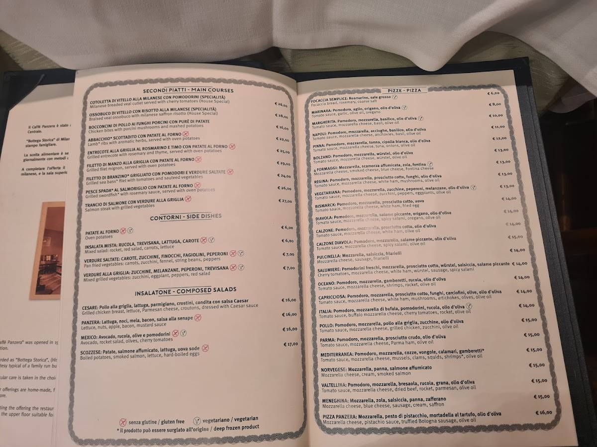Menu di Caffè Panzera dal 1931 