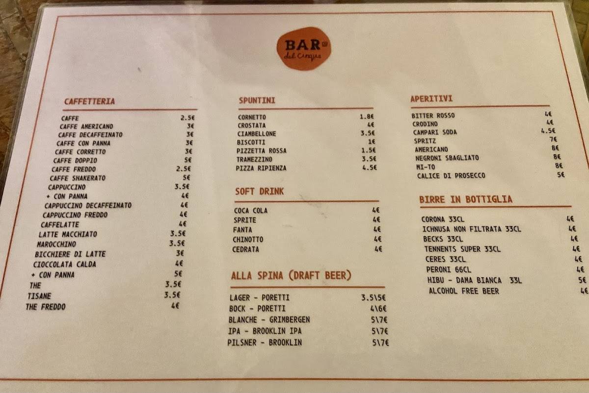 Menu de Caffé del Cinque