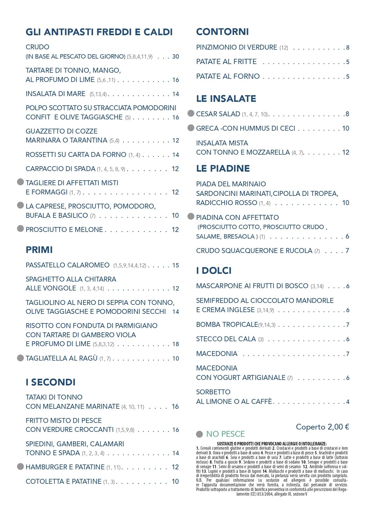 Menu di Cala Romeo 64/65 