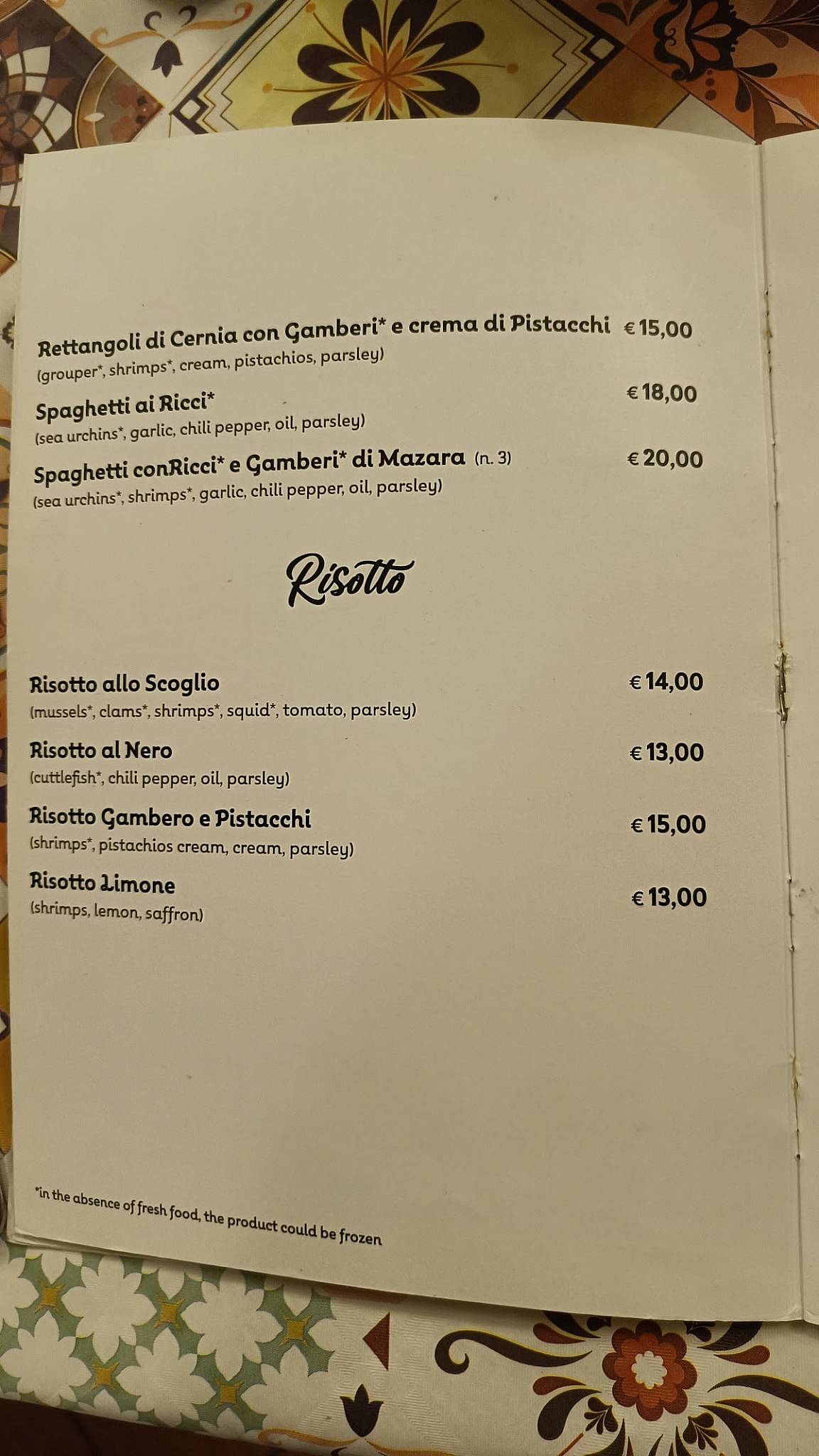 Menu di Calarossa 
