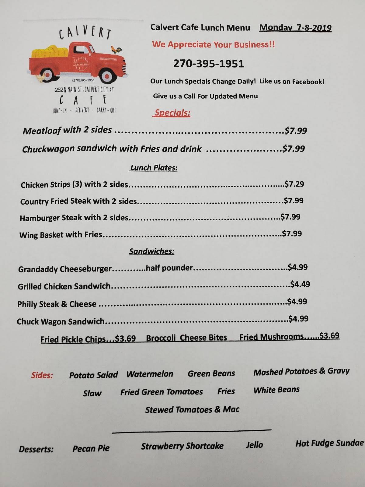 Menu at Calvert Cafe, Calvert City