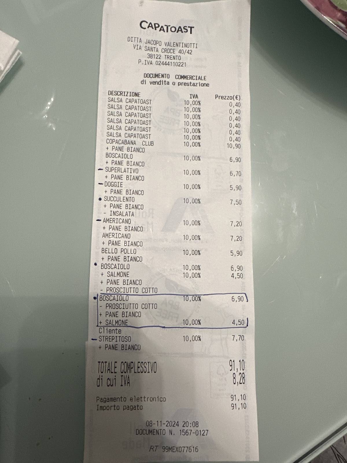 Menu di Capatoast - Trento 