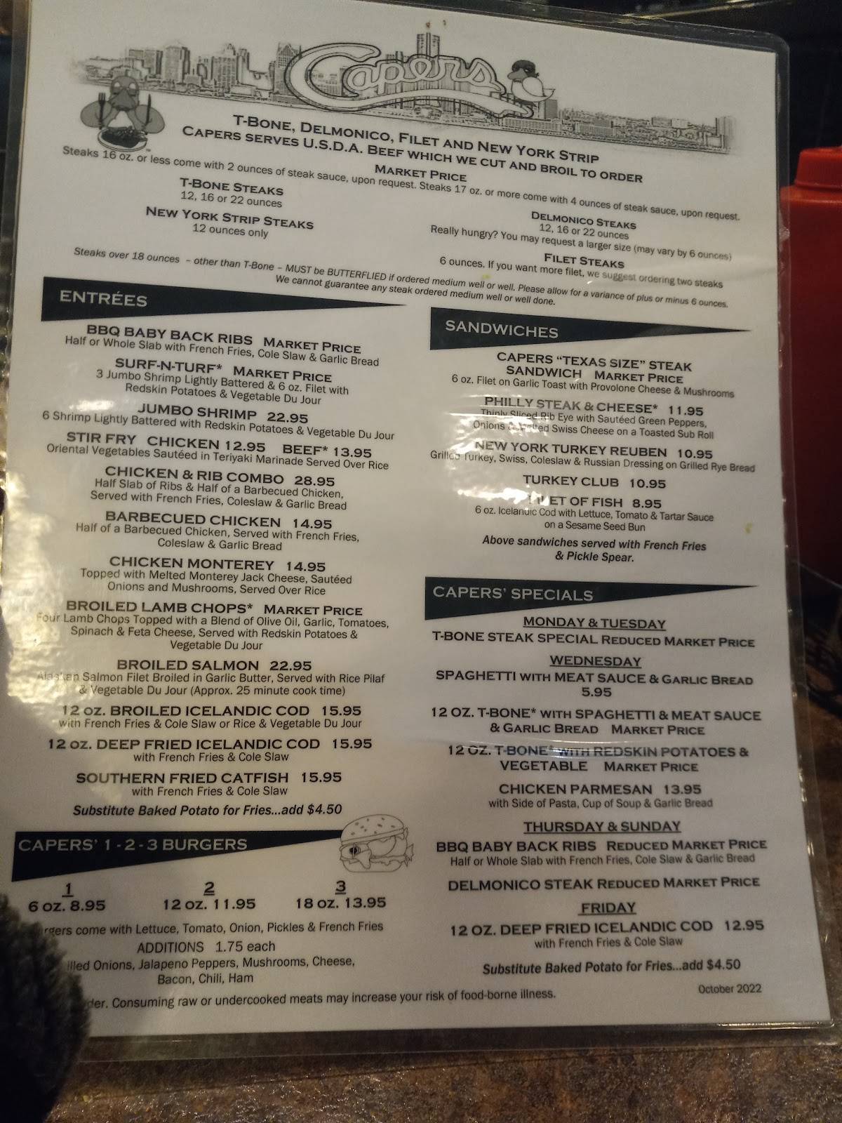 Menu at Capers steakhouse, Detroit