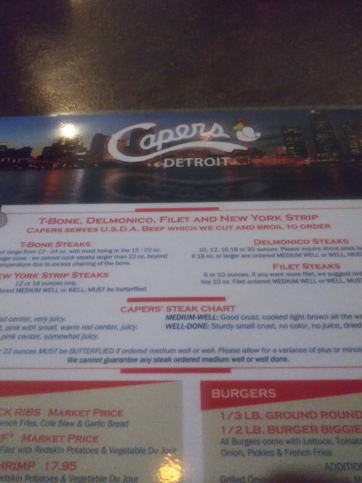 Menu at Capers steakhouse, Detroit