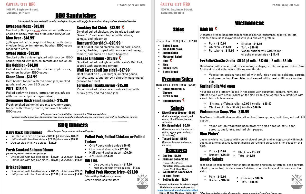 Menu at Capital City BBQ Lansing