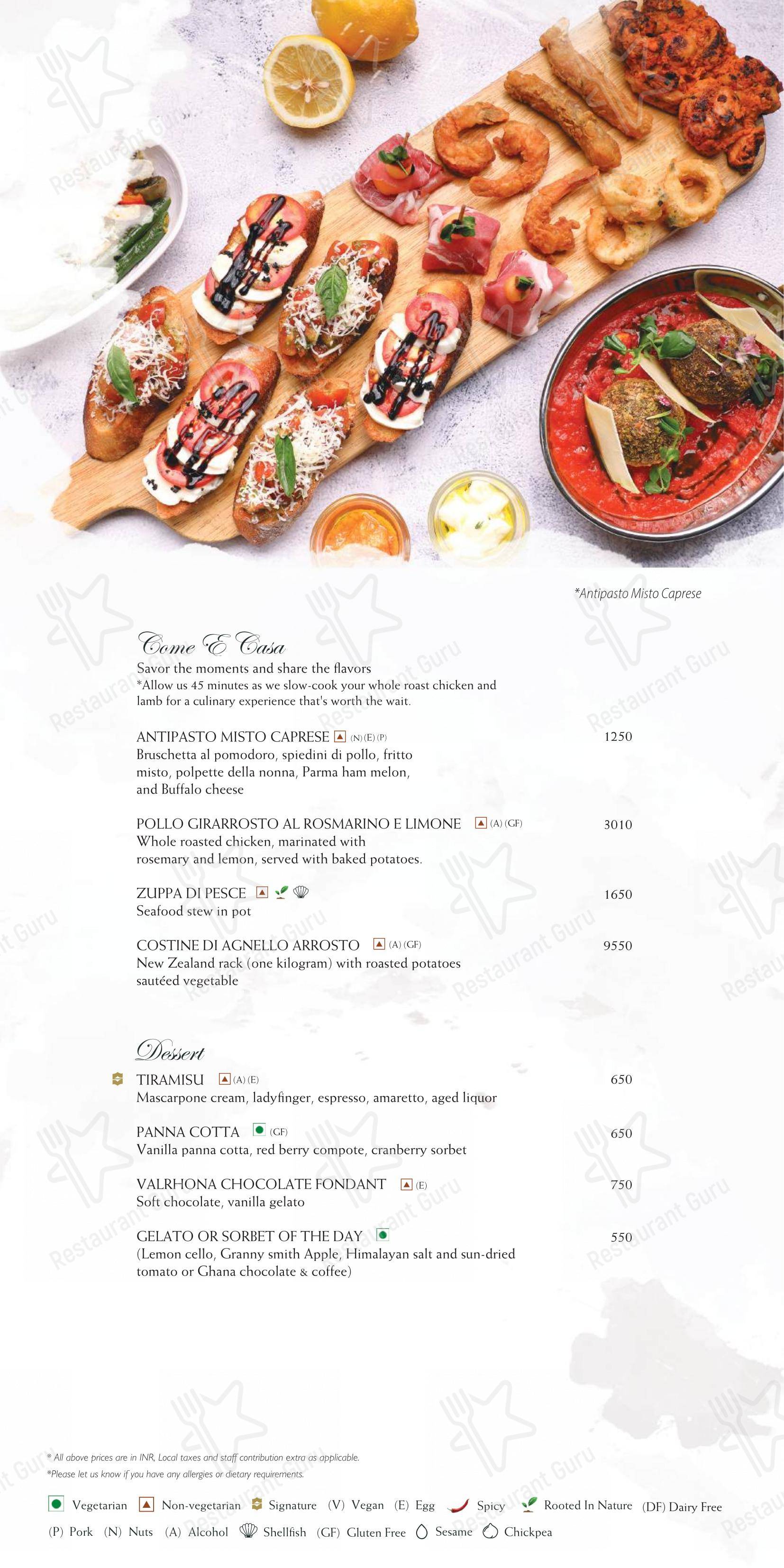 菜单 for the Caprese restaurant