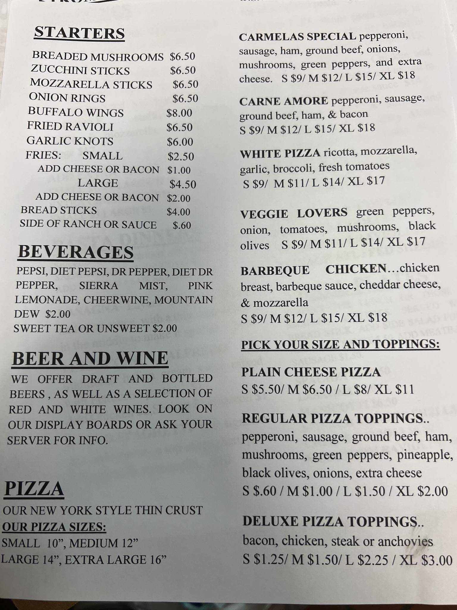 Menu at Carmelas Pizza-Italian Restaurant, Reidsville