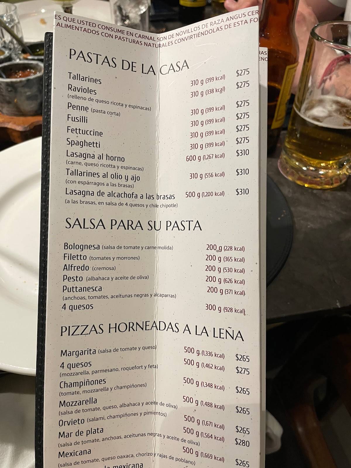 Carta del restaurante Carnal Insurgentes, Ciudad del México