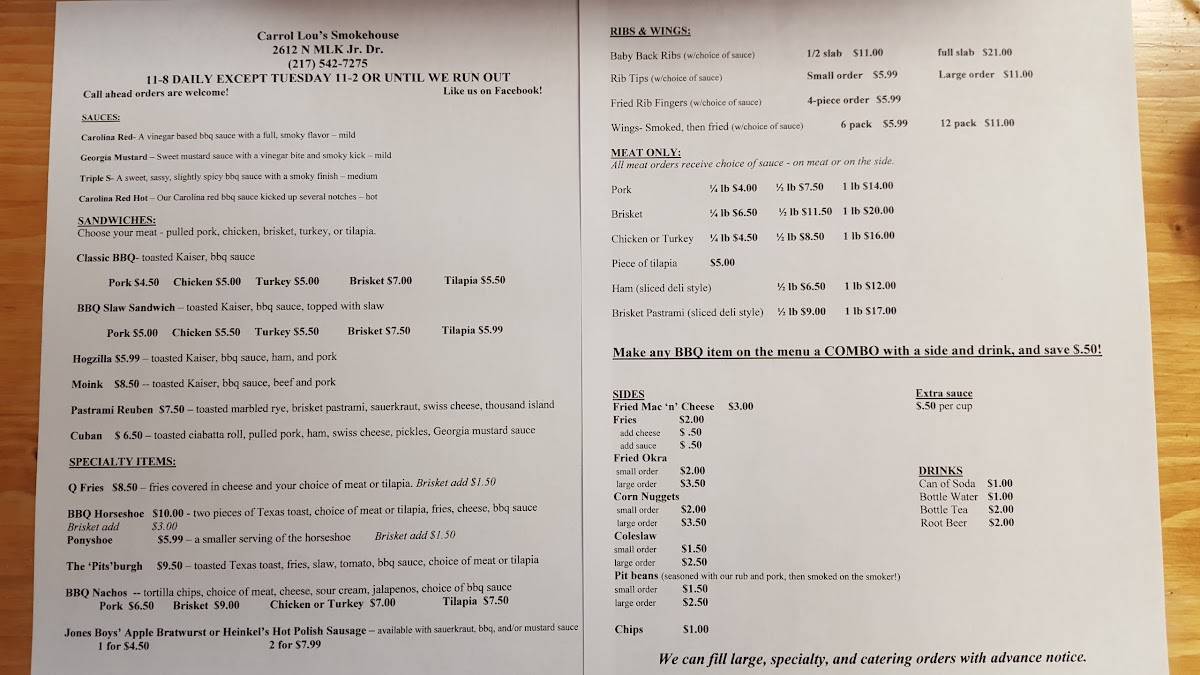 Menu at Carrol Lou's Smokehouse restaurant, Decatur