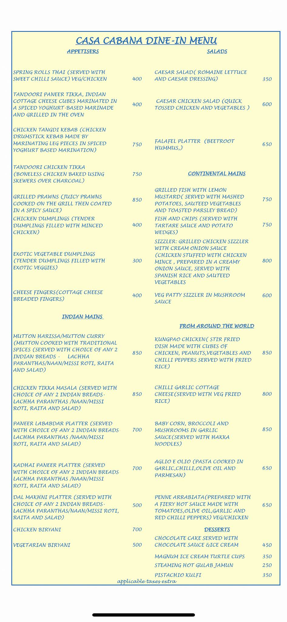 Menu at Casa Cabana, Saharanpur