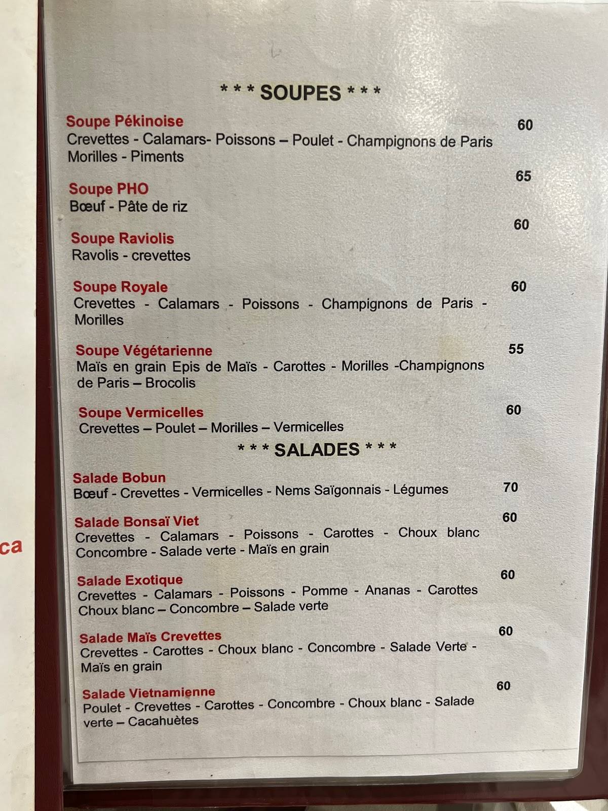 Menu au Bonsai restaurant, Casablanca